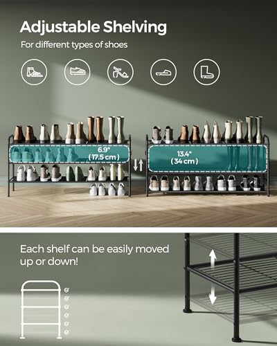 SONGMICS Shoe Rack, 3-Tier Shoe Organizer, Metal Shoe Shelf Storage with 4 Side Hooks, Holds 24 Pairs of Shoes, Height-Adjustable Shoe Rack for Entryway, Hallway, Closet, Ink Black ULMR131B01 - size: 3 Tiers (44.9"W)