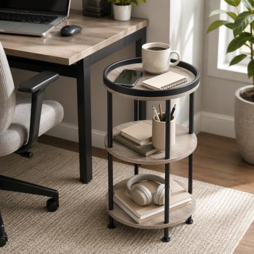 Small Round Side Table, Oak Round End Table for Living Room & Bedroom, Modern 3-Tier Nightstand with Storage Shelf, 11.8" Narrow Accent Table for Small Spaces, Nursery, Plant Stand,Natural Wood Finish - color: Oak, style: Classic