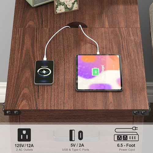 VVFLU Farmhouse End Table with Charging Station and 1 Storage Cabinet, 1 Drawer, Cherry Wood Nightstand Narrow, Skinny Side Table, Slim Bedside Table, Small Nightstand for Bedroom, Living Room, Sofa - color: Cherry/Glass