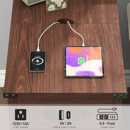 VVFLU Farmhouse End Table with Charging Station and 1 Storage Cabinet, 1 Drawer, Cherry Wood Nightstand Narrow, Skinny Side Table, Slim Bedside Table, Small Nightstand for Bedroom, Living Room, Sofa - color: Cherry/Glass