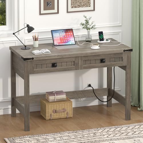 YOMILUVE Farmhouse Computer Desk with 2 Drawers, 39 Inch Small Computer Desk with Power Outlets, Home Office Desk Compact Writing Study Table for Small Spaces, Grey - color: Grey