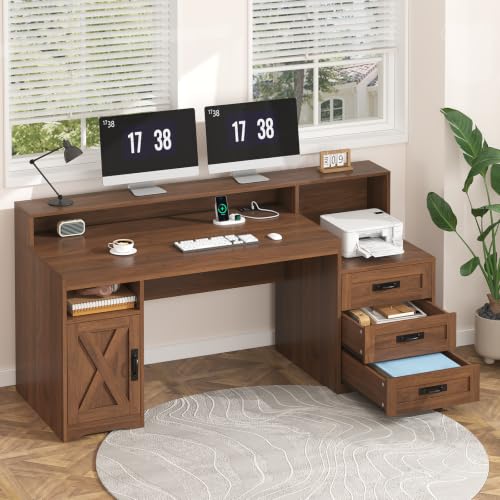 65" Farmhouse Computer Desk with Drawers and Printer Stand for Home Office | Office Desk with Power Outlets and Storage Cabinet, Study Writing Desks with Long Monitor Stand, Brown - color: Brown