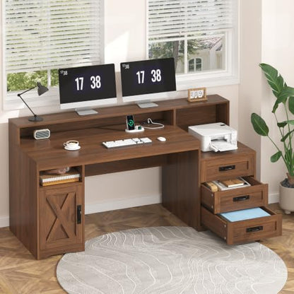 65" Farmhouse Computer Desk with Drawers and Printer Stand for Home Office | Office Desk with Power Outlets and Storage Cabinet, Study Writing Desks with Long Monitor Stand, Brown - color: Brown