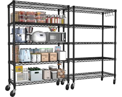 PrimeZone 74''H Wire Shelving 1250lbs 5 Tier Storage Shelves with Wheels NSF Certified Heavy Duty Steel Metal Shelf Adjustable Rolling Rack Kitchen Garage Closet Pantry Laundry 74''HX36''WX14''D 2PCS - size: 36" W x 14" D x 74" H