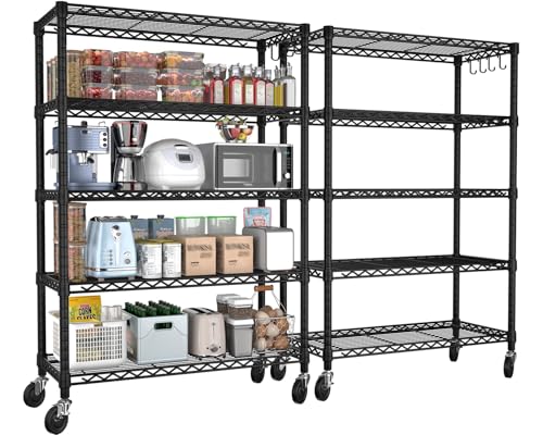 PrimeZone 74''H Wire Shelving 1250lbs 5 Tier Storage Shelves with Wheels NSF Certified Heavy Duty Steel Metal Shelf Adjustable Rolling Rack Kitchen Garage Closet Pantry Laundry 74''HX36''WX14''D 2PCS - size: 36" W x 14" D x 74" H