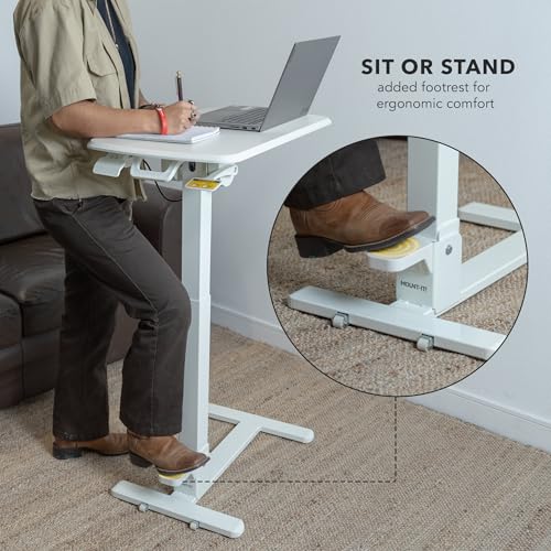 Mount-It! Foldable Overbed Table with Wheels – Height Adjustable Rolling Bedside Table, No Assembly Required, Ultra-Low Profile Base Fits Under Beds & Sofas, for Home and Hospital Use