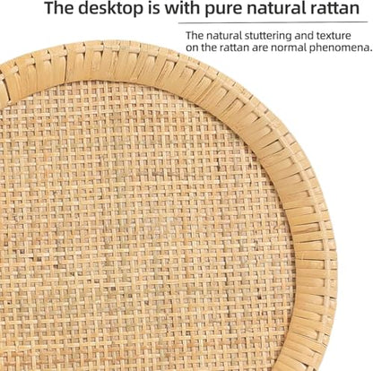Small Side Table, Rattan Drink Table, Round Side Table for Small Spaces, Boho Circle End Table Coffee Table with Solid Wood Leg for Living Room, Pedestal Table for Bedroom, Corners - size: High: 25", style: Bohemian