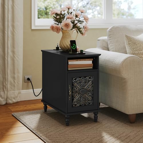 ARTPOWER Narrow Side Table with Charging Station, Vintage Carved Door End Table with Storage for Small Spaces, Slim Bedside Table for Living Room, Bedroom, Black - color: Black