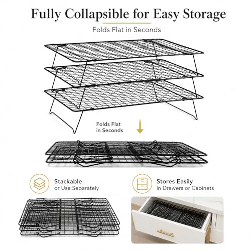 Cooling Rack 16"x10", 3-Tier Stackable & Collapsible Cooling Racks | Cooling Racks for Cooking and Baking, Roasting, Grilling, Oven & Dishwasher Safe (Black, 3-Tier) - color: Black, size: 3-Tier