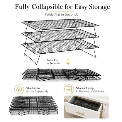 Cooling Rack 16"x10", 3-Tier Stackable & Collapsible Cooling Racks | Cooling Racks for Cooking and Baking, Roasting, Grilling, Oven & Dishwasher Safe (Black, 3-Tier) - color: Black, size: 3-Tier