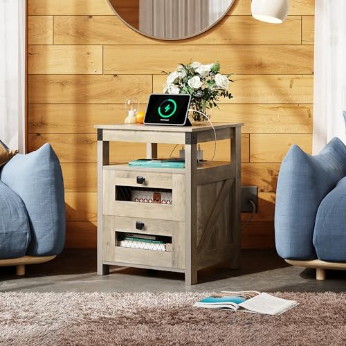 WLIVE Nightstand with Charging Station, Farmhouse End Table, Bed Side Table with 2 Storage Drawers and Open Shelf, Wood Rustic Nightstands for Bedroom, Greige - color: Greige, style: Farmhouse