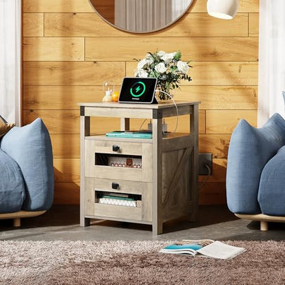 WLIVE Nightstand with Charging Station, Farmhouse End Table, Bed Side Table with 2 Storage Drawers and Open Shelf, Wood Rustic Nightstands for Bedroom, Greige - color: Greige, style: Farmhouse