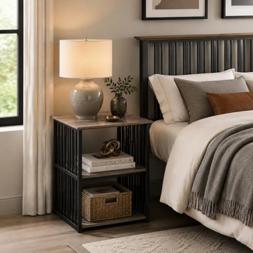 Elountik Industrial Nightstand with Metal Frame and Antique Oak Finish, 22 Inch Wide Bedside Table with Two Open Shelves for Bedroom Storage