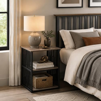 Elountik Industrial Nightstand with Metal Frame and Antique Oak Finish, 22 Inch Wide Bedside Table with Two Open Shelves for Bedroom Storage