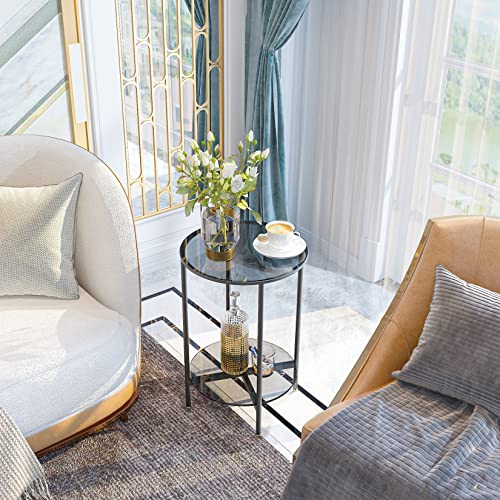 Tempered Glass End Table: 2-Tier Round Nightstand 22 inch High Grey | Circle Side Table 4 Legs Home Decor for Living Room Bedroom - size: Height - 22 inch