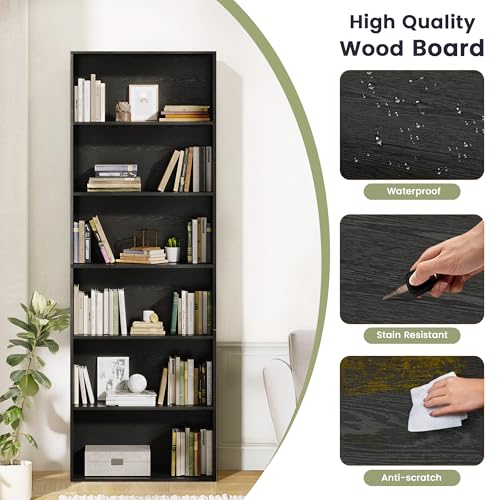 GRUSIGN 71" Tall 6-Tier Bookshelf, Large Open Display Bookcase with Ample Storage, Floor Standing Book Shelf for Living Room, Home Office, Bed Room, Black - color: Black