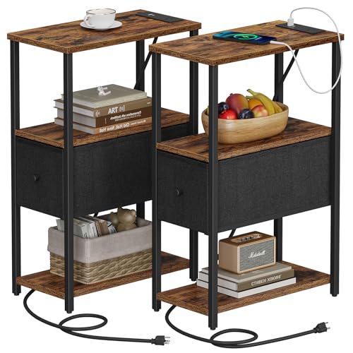 TUTOTAK Small Narrow End Table with Charging Station, Set of 2, Side Table with Outlets, Nightstand with Cloth Drawer, Couch Table, for Living Room, Bedroom, Bedside, Brown and Black TB01BB058K - color: Brown and Black, style: 1 Drawer & Plug