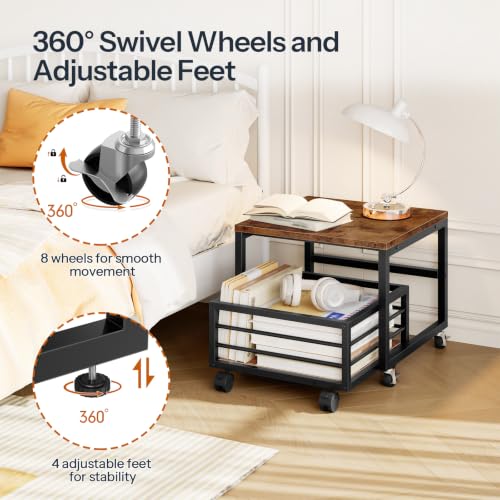 HOOBRO End Table, Mini Fridge Stand with Storage, Mini Fridge Table with Wheels and Adjustable Feet, Sturdy Metal Frame, for Living Room, Bedroom, Office, Rustic Brown and Black BF155TL01 - color: Rustic Brown