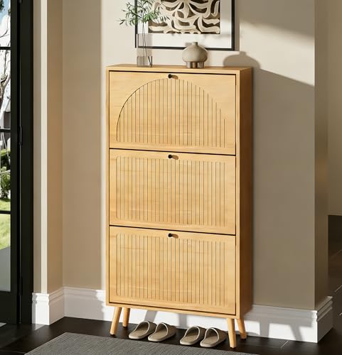 Fsbecl Shoe Storage Cabinet for Entryway with 3 Flip Drawers, Narrow Shoe Organizer with Fluted Panel, Freestanding Wood Hidden Shoe Cabinet for Hallway (Wood Color, 23.6''W, Single Layer) - color: Wood Color, 23.6''w, size: 3 Drawers Single Layer