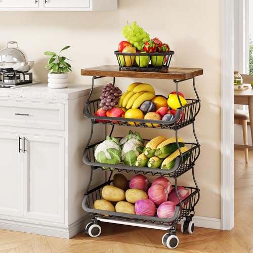 SAYZH 4-Tier Fruit and Vegetable Basket Stand for Kitchen, Wood Top, Black | Stackable Vegetable Storage Baskets with Wheel, Metal Wire Storage Carts for Onion, Potato and Snacks - color: Black, size: 4 Tiers