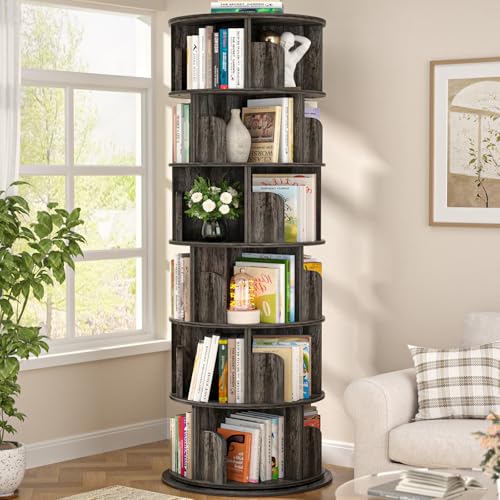 Aheaplus 6 Tier Rotating Bookshelf, Wood Spinning Bookshelf Tower, Round Revolving 360 Bookcase, Narrow Turning Book Shelf Rolling Corner Organizer for Small Space, Bedroom, Office, Black Oak - color: Black Oak, size: 6-Tier