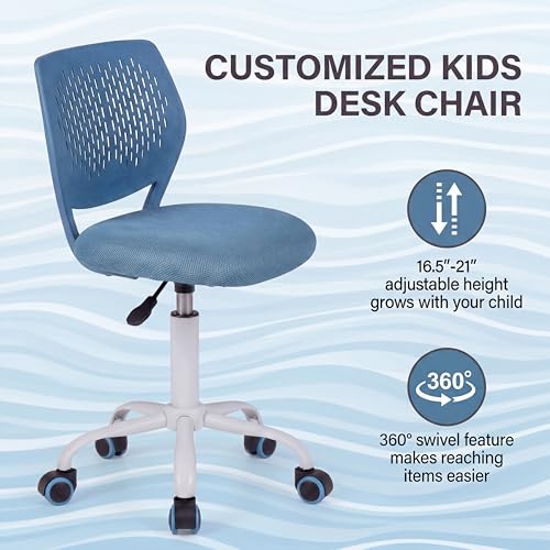 Costzon Kids Desk Chair, Armless Height Adjustable Kids Computer Chair w/Elastic Sponge Filling, Ergonomic Backrest & Sturdy 5-Point Wheels, Children Rolling Swivel Chair for Studyroom (Blue) - color: Blue