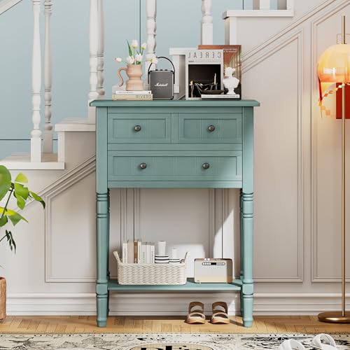 24'' Entryway Table, Small Console Table with Storage Drawers and Shelf, Hallway Table for Entryway Hallway Foyer, Farmhouse Solid Wood Frame (Light Blue) - color: Light Blue