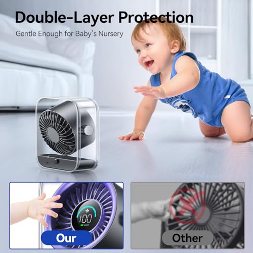 KIMMOO Rechargeable USB Desk Fan, Quiet Table Fan with Turbo Airflow, 100 Speeds, Digital Display, 90° Rotating, Small Battery Desktop Fans for Bedroom Home Office Travel, Purple - color: Purple