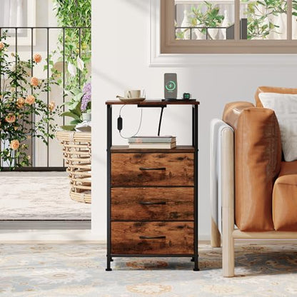 Somdot Nightstands Set of 2 with 3 Drawers, Charging Station & LED Light | Open-Shelf End Tables for Bedside, Small Spaces, Bedroom, Entryway and Hallway, Brown - color: Brown, size: 11.8"D x 15.7"W x 28.3"H (3 Drawers)