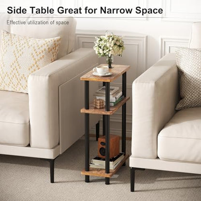 Apicizon Small Narrow Side Table, 3-Tier Skinny End Table for Small Spaces, Slim Nightstand with Fabric Basket, Bedside Table for Living Room, Bedroom, Rustic Brown and Black - color: Rustic Brown and Black, style: Narrow Side Table with Basket