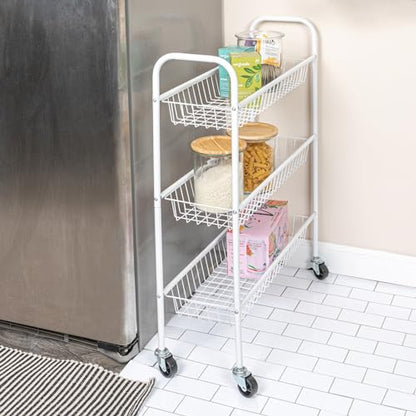 Household Essentials 3-Tier Slim Storage Cart, Heavy-Duty Steel Frame, Smooth Casters with Locks, Powder Coat Finish, Arched Handles, Easy to Assemble, Modern, Compact, White - color: White