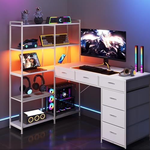 L Shaped Gaming Desk, 6 Drawer Computer Desk with Power Outlets, Reversible Corner Desk with Storage Shelves, Small L-Shaped Desk for Home Office, Space Saving Game Table, White