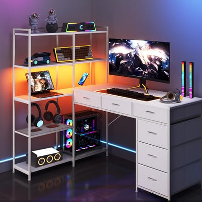 L Shaped Gaming Desk, 6 Drawer Computer Desk with Power Outlets, Reversible Corner Desk with Storage Shelves, Small L-Shaped Desk for Home Office, Space Saving Game Table, White