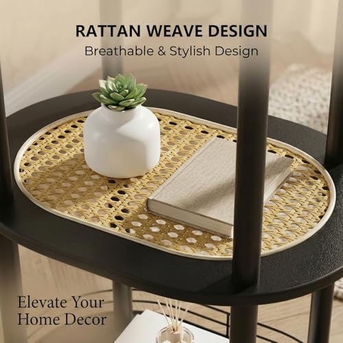 Small Rattan Side/Accent Table with Storage, 3 Tier Round/Oval End Table with Rattan Shelf & Metal Basket, Boho Nightstand, Tool Free Assembly/Screw-Hole Free Tabletop-Living Room Bedroom-Black - color: Black-rattan, size: 1PC