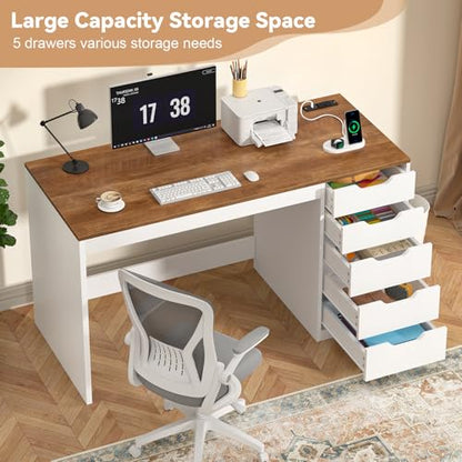YOMILUVE 47 Inch Computer Desk with 5 Drawers and Power Outlets, Home Office Desks with Storage File Cabinet, Modern Simple Laptop Desk Writing Table for Small Spaces, Brown and White - color: Brown and White