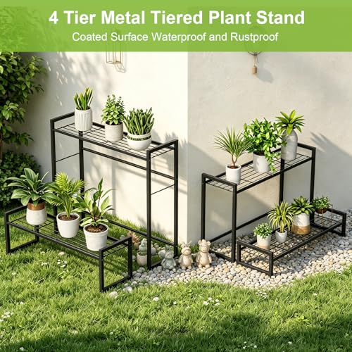 VyGrow Plant Stand, 4 Tier Stackable Tiered Plant Stand, Scalable Heavy Duty Tall Plant Shelf for Indoor Outdoor, Garden, Display Shelves, Flower Pot Holder, Black - color: Black 8.27"W