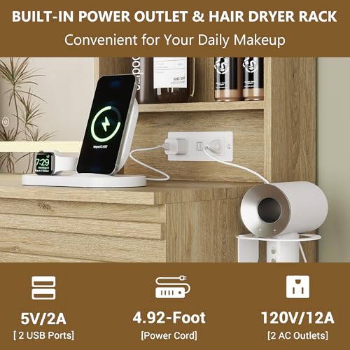 Vanity Desk with Lights, Fluted Vanity with 4 Drawers, Open Shelves, Power Outlet, LED Lighted Mirror, 3 Lighting Modes & Brightness Adjustable, Wood Dressing Table for Bedroom,Natural Oak - color: Natural Oak