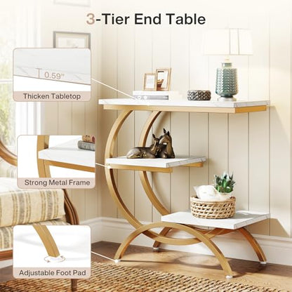 Tribesigns C-Shaped End Table Set of 2, Industrial 3-Tier Small Side Table for Couch, Wood Bedside Table Snack Side Table with Storage Shelves for Living Room Small Space, White Gold - color: White Gold