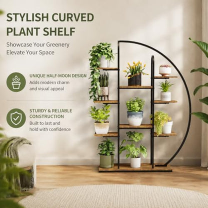 Tall Metal Plant Stand with Grow Light, 9-Tier Moon-Shaped LED Flower Rack, Multi-layer Display Holder for Living Room Balcony