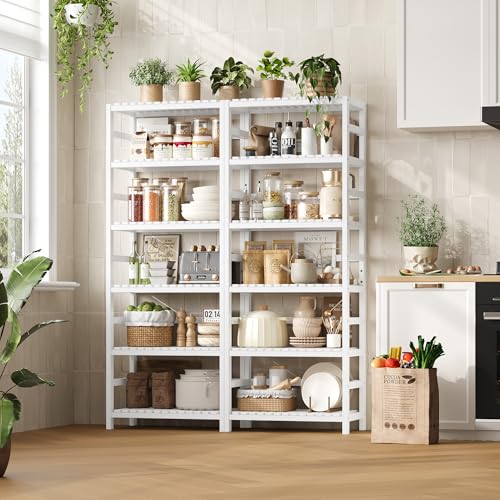 FOTOSOK 6-Tier Bamboo Shelf with Adjustable Shelves, Bamboo Kitchen Cabinet | Tall Bamboo Bookshelf and Plant Shelf with 250-lb Shelf Capacity for Laundry Bathroom Kitchen Pantry Home Office - color: White