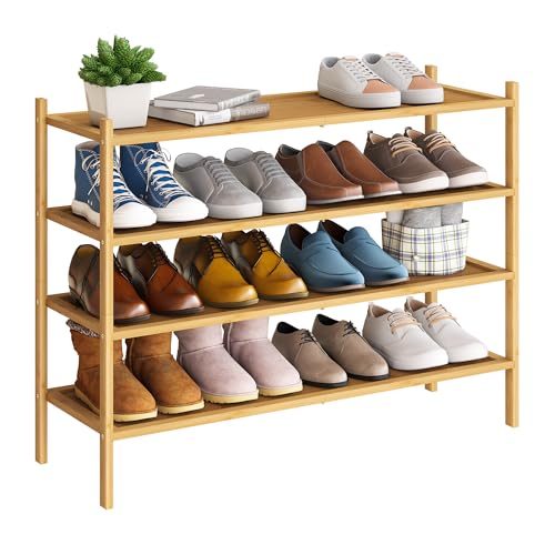 BMOSU 4-Tier Bamboo Extended Shoe Rack Premium Stackable Shoe Shelf Storage Organizer for Hallway Closet Living Room Entryway Organizer(Natural) - color: Natural, size: 4-Tier Long（33.3*11*25.2inches）