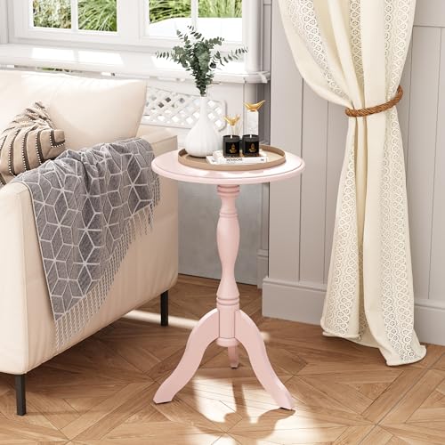 HLR Round Small End Table, Wooden Pedestal Side Coffee Tables, Vintage Accent Nightstand for Living Room, Bedroom, Entryway (1, Pink) - color: Pink