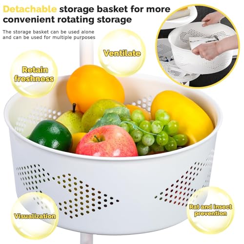 5 Tier Kitchen Storage Cart, Circular Rotating Basket, Storage Rack with 360 Degree Wheels, Fruit And Vegetable Storage, Fruit Vegetable Shelf, Rotatable Basket for Kitchen Bathroom White Five Layers