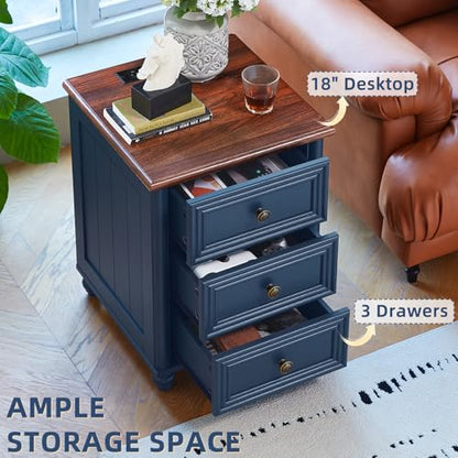 RWYHG 18" Nightstands Set of 2 with Charging Station & 3 Drawers | Farmhouse Modern Night Stand, Blue Bedside Table, Metal Handle, Blue Bed Side End Tables for Bedroom Living Room - color: Navy Blue, size: 18"D x 18"W x 24"H (3 Drawers)
