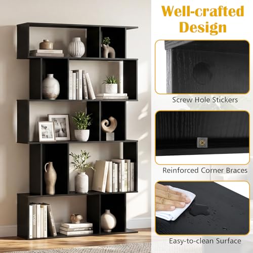 GOFLAME 5-Tier Geometric Bookshelf, 62” Tall Bookcase with 10 Open Back & Closed Back Cubes, Modern Display Book Shelf, S-Shaped Storage Organizer for Living Room, Home Office (1,Black) - color: Black