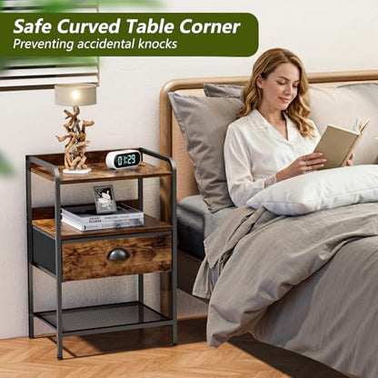 Nightstands Set of 2, Bedside Table with 1 Fabric Drawer, Open Mesh Shelf, End Table Side Table with Storage Drawer Dresser, Wear-Resistant Metal Frame, Bedroom, Rustic Brown - color: Brown(1 Drawer), size: set of 2