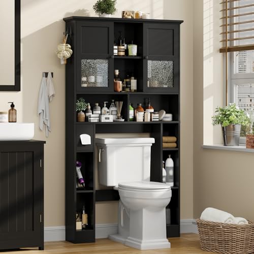 Over The Toilet Storage Cabinet, Bathroom Shelf Over Toilet with Hammered Grain Glass Doors and Adjustable Shelves, Freestanding Home Space Save Toilet Rack for Restroom, Bathroom, Laundry (Black) - color: Black, size: W36.61''