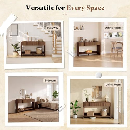 AMERLIFE 55" Fluted Entryway Console Table with 2 Drawers and Open Shelf | Modern Entryway Table with Rounded Edges, Wood Sofa Table for Hallway, Foyer, Behind Couch, Living Room, Brown - color: Brown - Fluted Panel, size: 55"