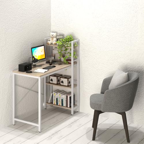 4NM 35.4" Small Computer Desk with 4-Tier Bookshelf and 8 Hooks, Home Office Desk Writing Workstation Study Table for Small Space Work - Natural and White