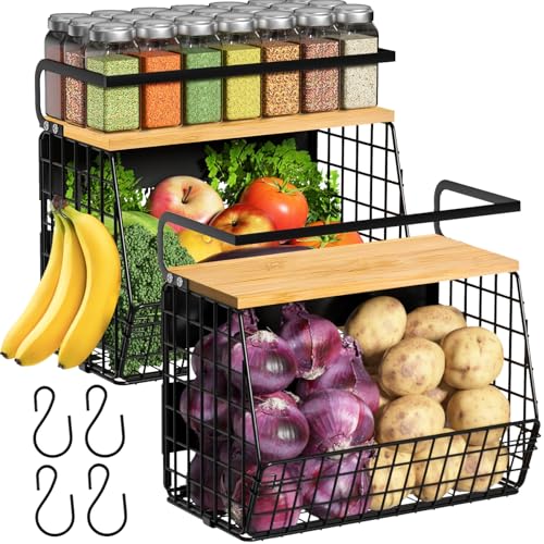 2 Set Magnetic Shelf for Refrigerator with Wood Lid, Fruit Potato & Onion Storage Bins, Pantry Organizers & Storage, Large Container Magnetic Spice Rack for Refrigerator, Kitchen Counter, Cabinet - color: Black, size: 2-Regular